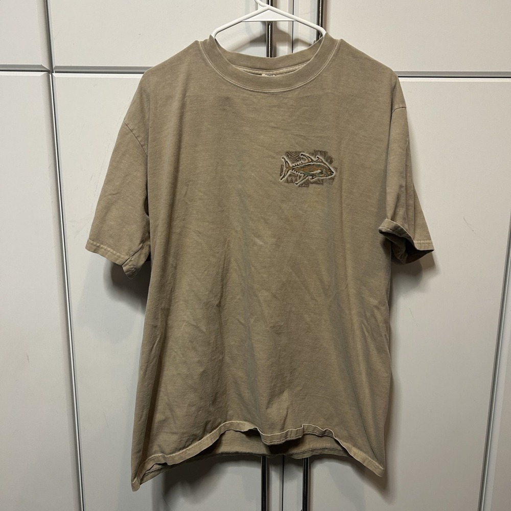 Crazy Shirts Hawaii 64 Mens Large Tan Fish Embroidered Cotton T-Shirt Khaki L